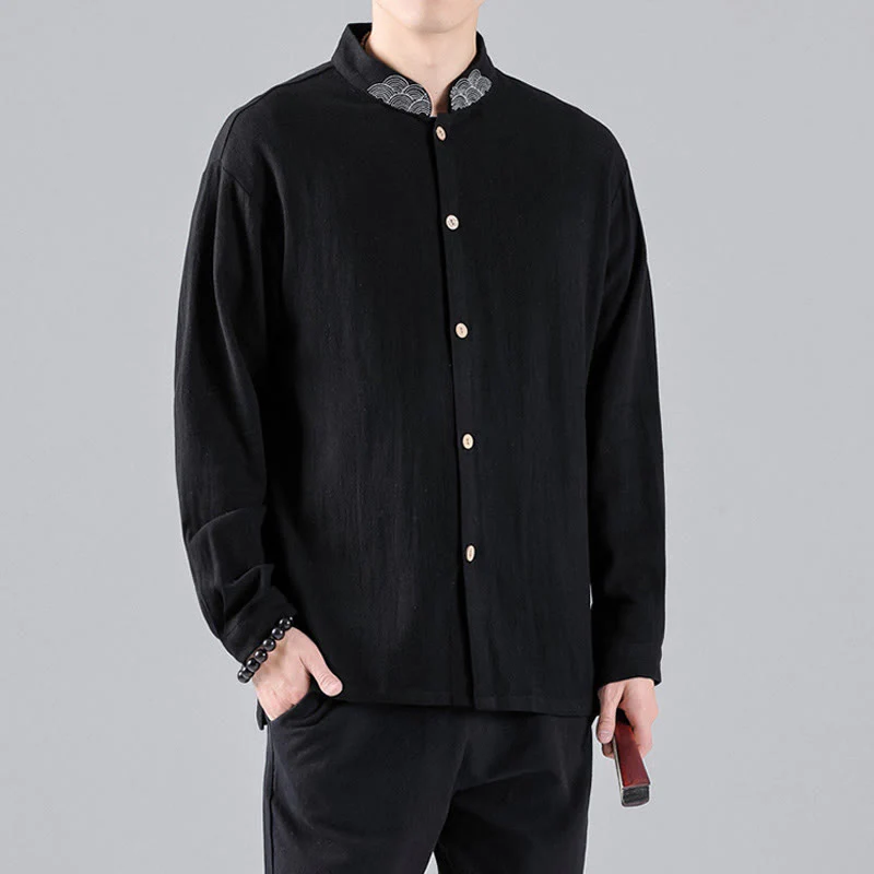 Buddha Stones Embroidered Auspicious Clouds Stand Collar Button Down Long Sleeve Men's Cotton Shirt