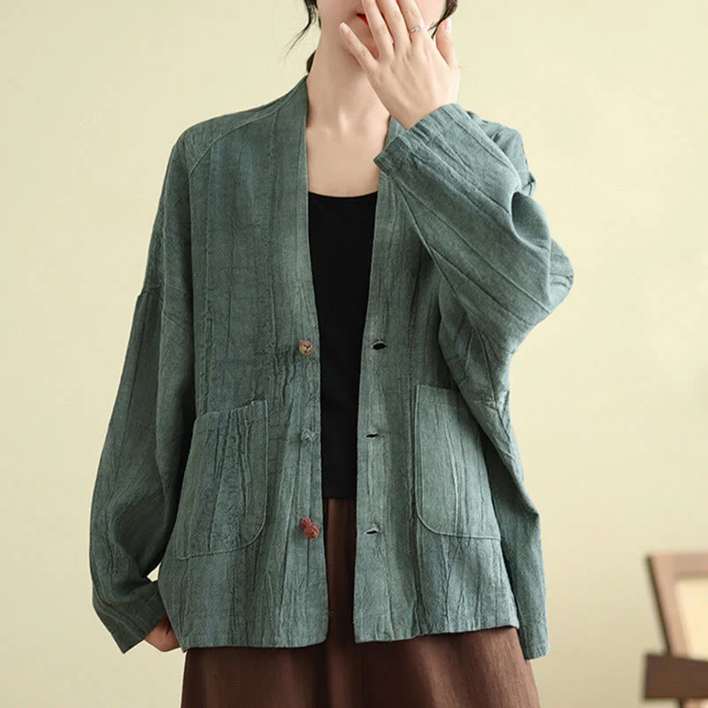 Buddha Stones Plain Long Sleeve Women's Cotton Linen Jacket With Pockets