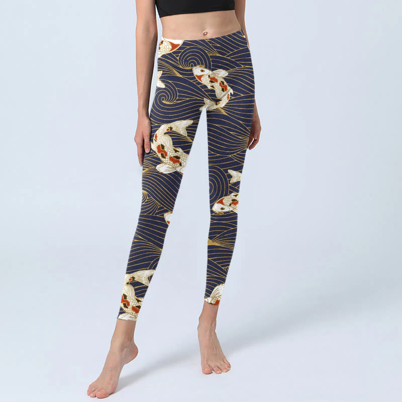 Buddha Stones White Red Koi Fish Ocean Waves Print Gym Leggings Women's Yoga Pants