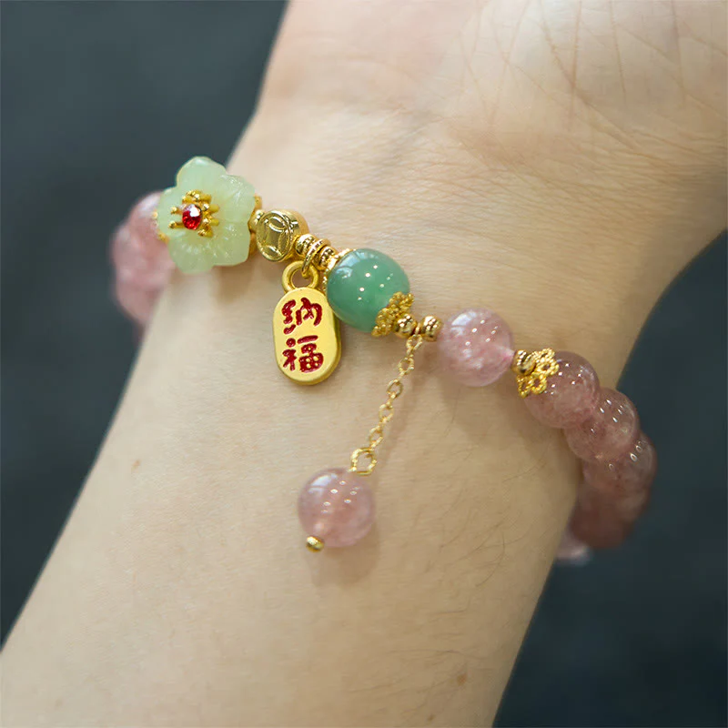 Buddha Stones Natural Strawberry Quartz Blossom Fu Character Positivity Healing Bracelet