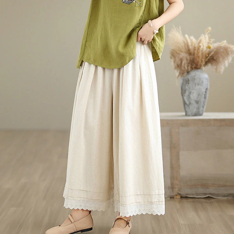 Buddha Stones Commute Simple Lace Design 7-8 Length Women's Wide Leg Cotton Linen Pants With Pockets