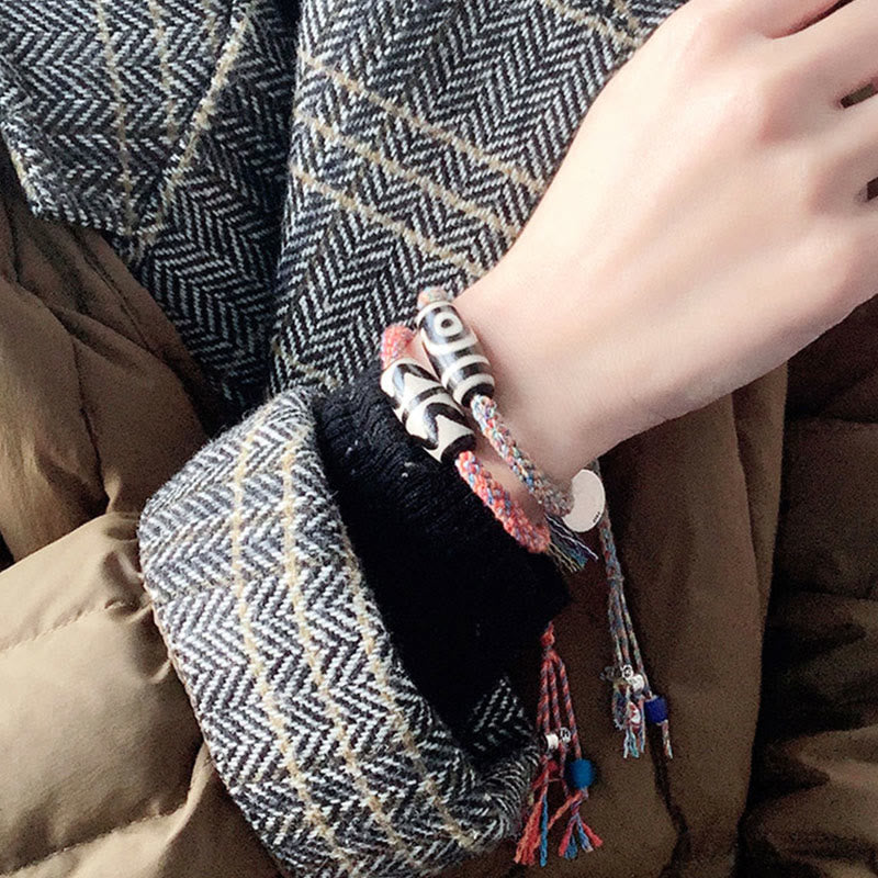 Buddha Stones Tibetan 925 Sterling Silver Om Mani Padme Hum Handmade Dzi Bead Protection Braid Bracelet