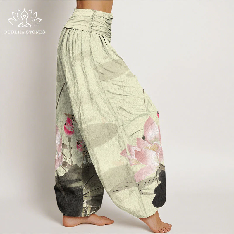 Buddha Stones Pink Lotus Leaves Bird Pattern Women's Elastic Waist Harem Pants