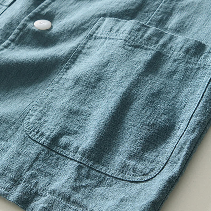 Buddha Stones Long Sleeve Button Placket Design Men's Cotton Linen Jacket Shirt With Pockets