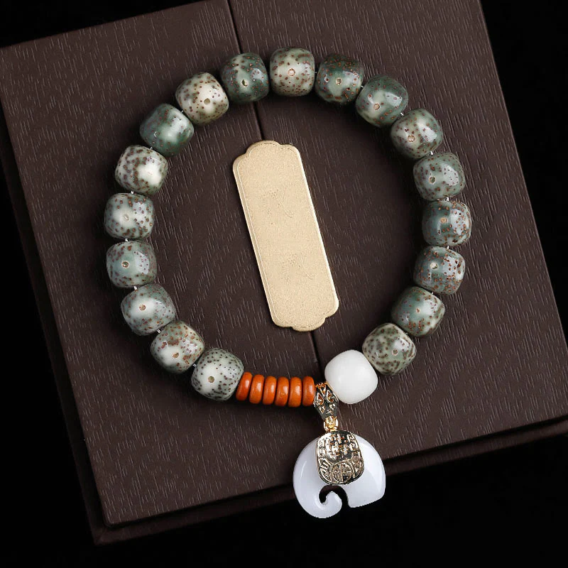 Buddha Stones Hand PolishedStar Moon Bodhi Seed Elephant Pattern Inner Peace Bracelet