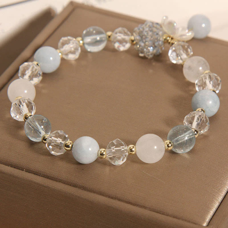 Buddha Stones Aquamarine Yellow Cat's Eye Stone Flower Peace Bracelet