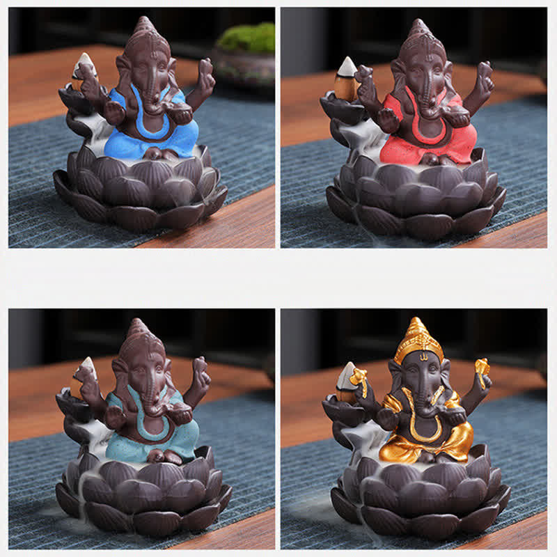 Buddha Stones Ganesh Elephant Purple Clay Backflow Smoke Fountain Protection Incense Burner