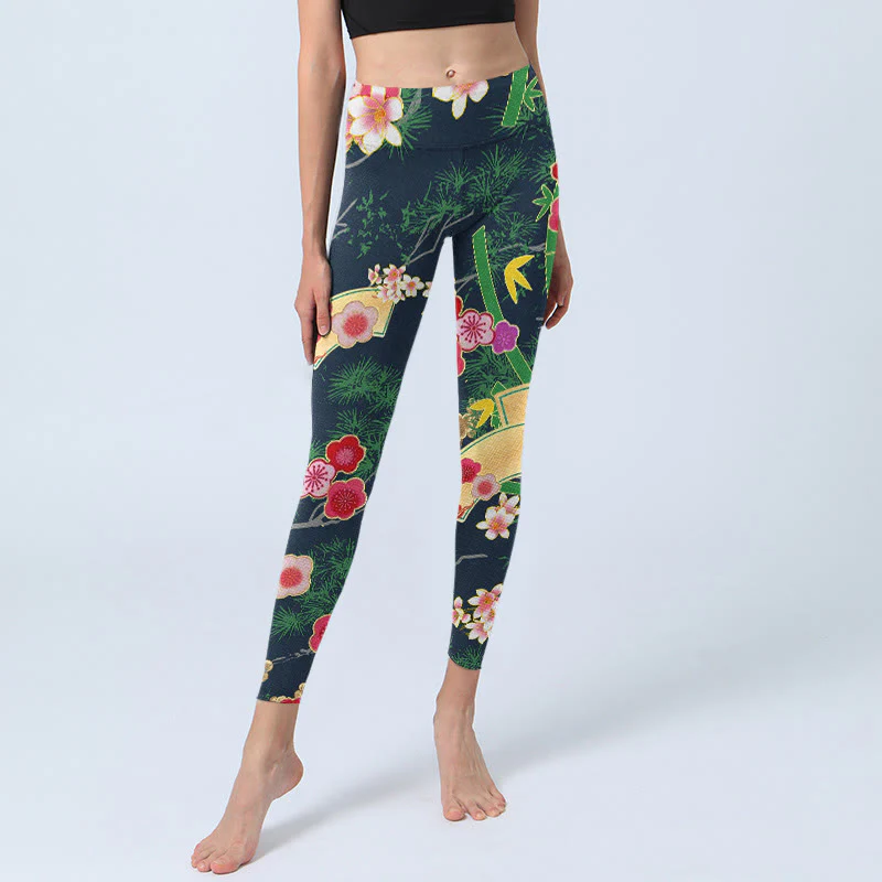 Buddha Stones Cherry Blossoms Bamboo Pine Tree Print Gym Leggings Women's Yoga Pants