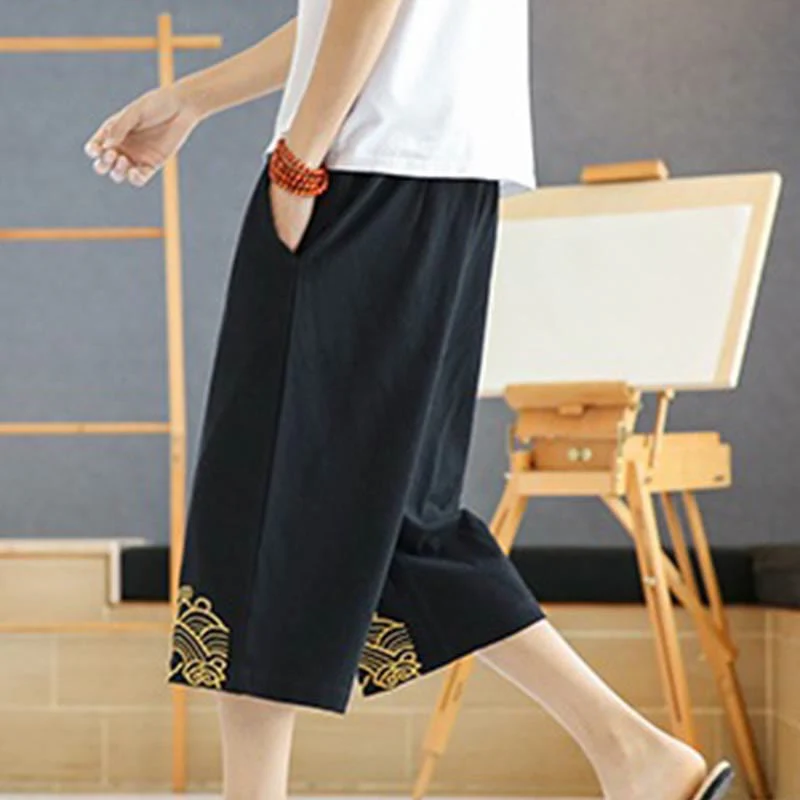 Buddha Stones Spring Casual Embroidery Drawstring Men's 7-8 Length Cotton Linen Harem Pants With Pockets