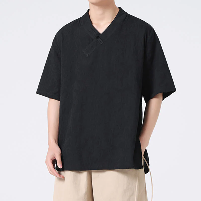 Buddha Stones Ethnic Distressed Jacquard Frog-Button Men's Stand Collar Half Sleeve Cotton Linen Shirt Tai Chi Clothes