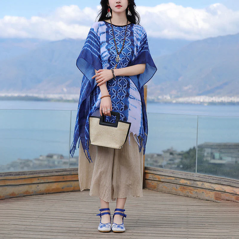 Buddha Stones Blue White Striped Indigo Dyeing Shawl Tassels Cozy Pullover 90*95cm