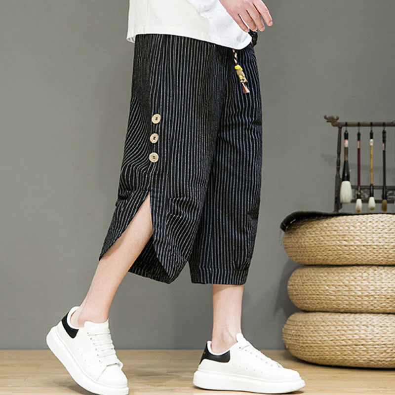 Buddha Stones Casual White Stripes Pattern Drawstring Button Design Men's Cotton Cropped Harem Pants With Pockets