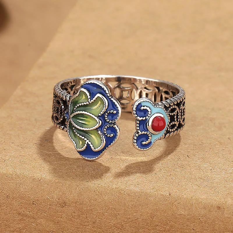 Buddha Stones Lotus Flower Copper Coins Ruyi Handle Pattern Enlightenment Adjustable Ring