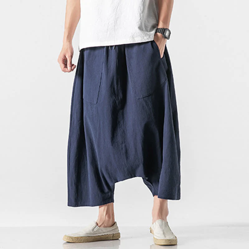 Buddha Stones Casual Low Crotch Design Drawstring Men's 7-8 Length Cotton Linen Wide Leg Pants With Pockets