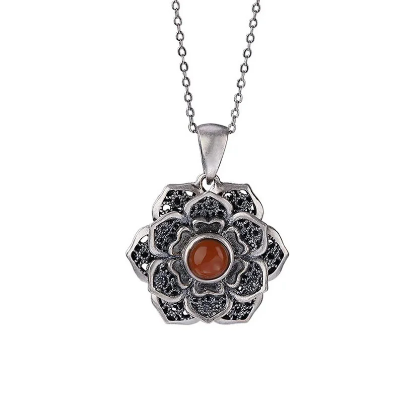 Buddha Stones Tibetan Om Mani Padme Hum Lotus Pattern Red Agate Copper Peace Necklace Pendant