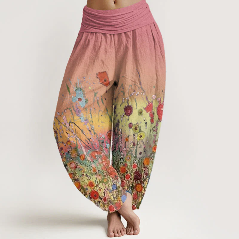 Buddha Stones Casual Colorful Flowers Gradient Background Pattern Women's Elastic Waist Harem Pants