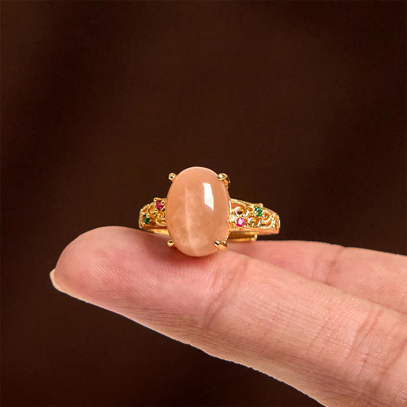 Buddha Stones Hollow Vine Design Peach Moonstone Adjustable Happiness Ring