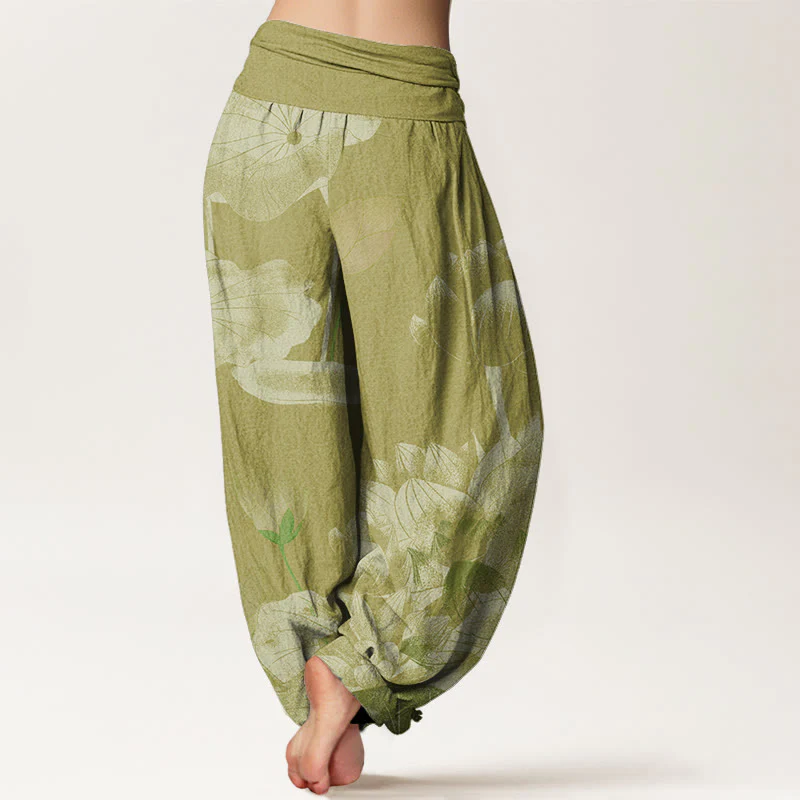Buddha Stones Pink And White Lotus Women's Elastic Waist Harem Pants
