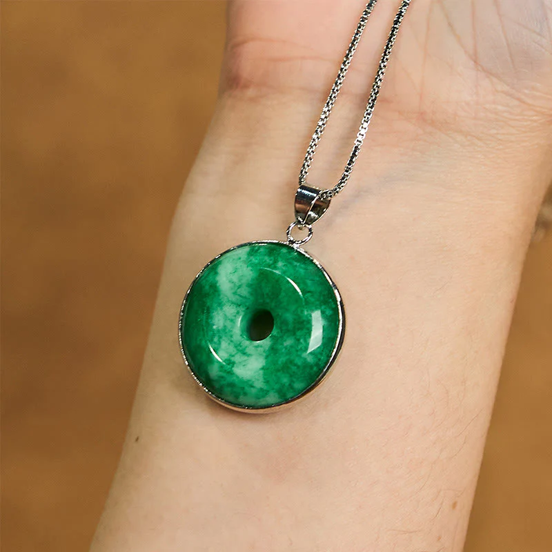 Buddha Stones Natural Cyan Jade Peace Buckle Healing Luck Necklace Pendant