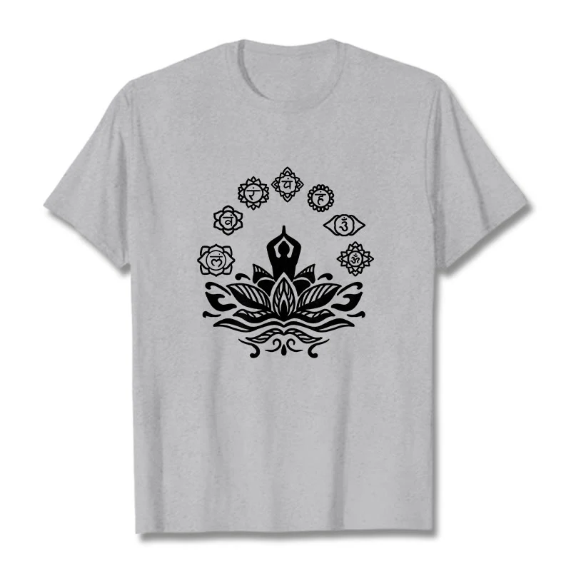 Buddha Stones Casual Meditating Figure Lotus Flower Seven Chakras Pattern Cotton Tee T-Shirt
