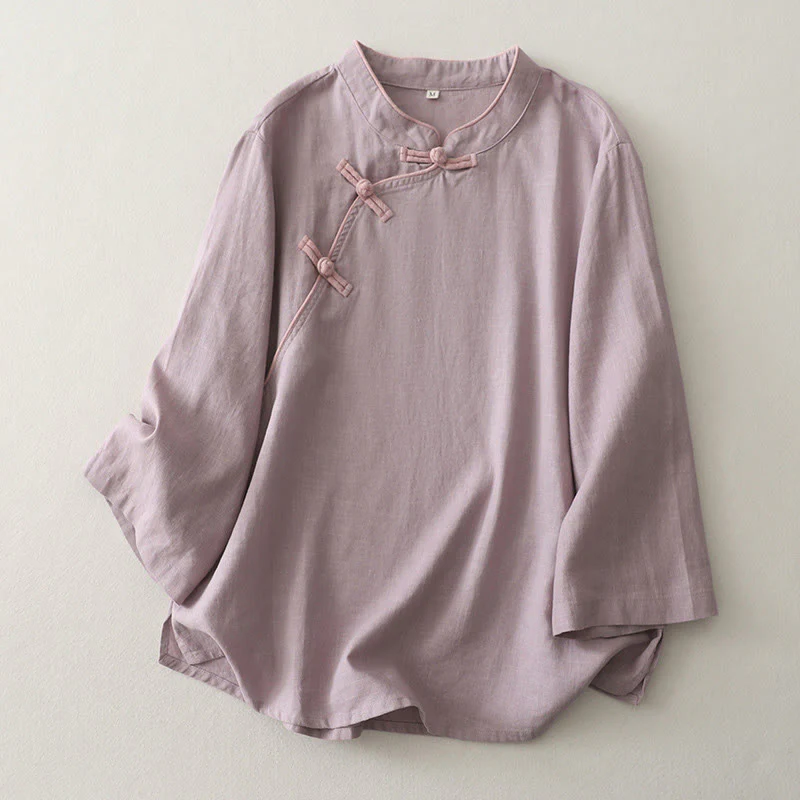 Buddha Stones Plain Slanted Buttons Cotton Linen Women's Shirt