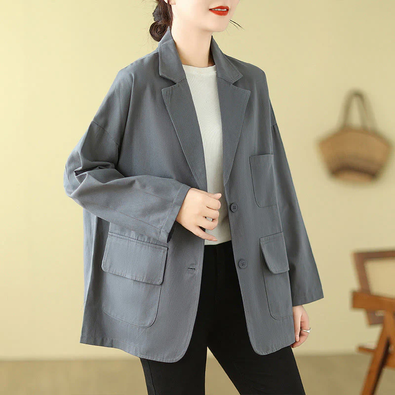 Buddha Stones Plain Women's Cotton Suit Jacket With Pockets