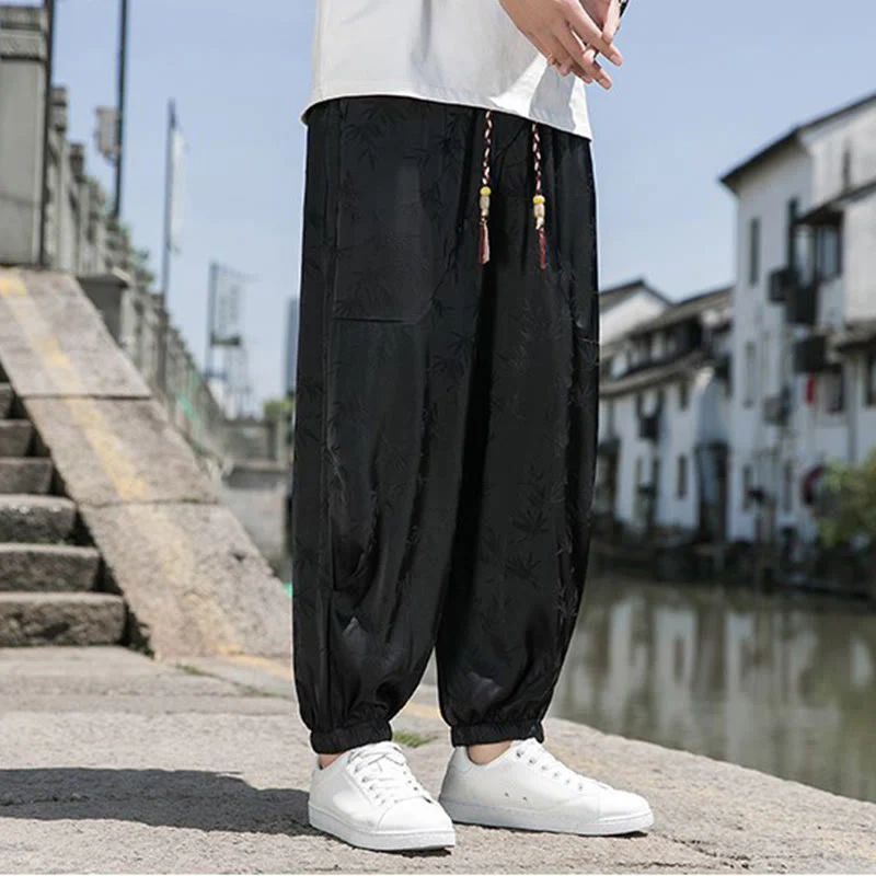 Buddha Stones Summer Ice Silk Jacquard Bamboo Pattern Men's Drawstring Cotton Pants With Pockets