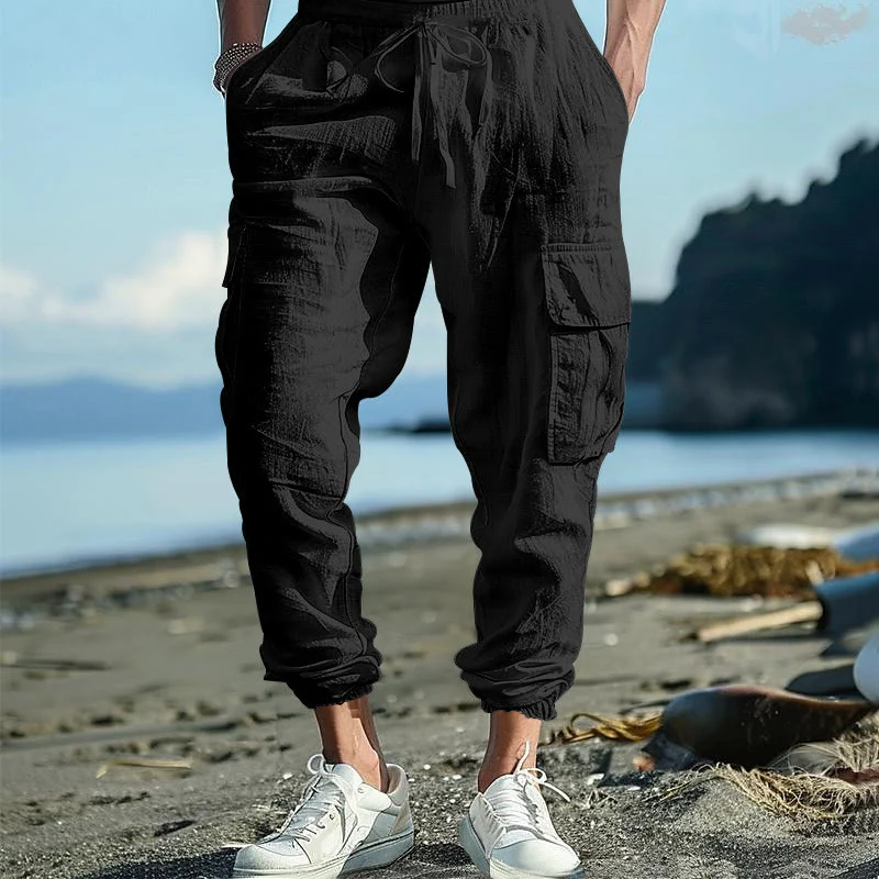 Buddha Stones Solid Color Linen Drawstring Men's Cargo Pants With Pockets