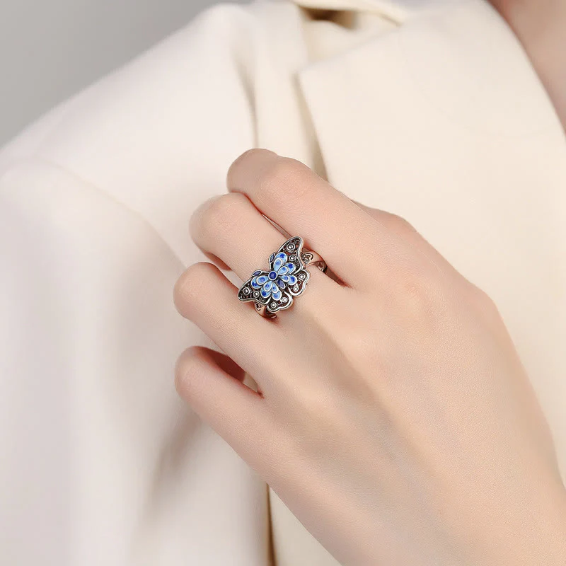 Buddha Stones Hollow Enamel Blue Butterfly Pattern Love Ring