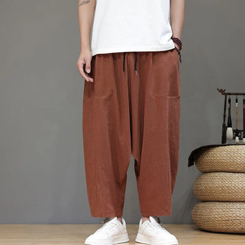 Buddha Stones Casual Plain Low Crotch Design Drawstring Men's Cotton Elastic Waistband Wide Leg Pants With Pockets