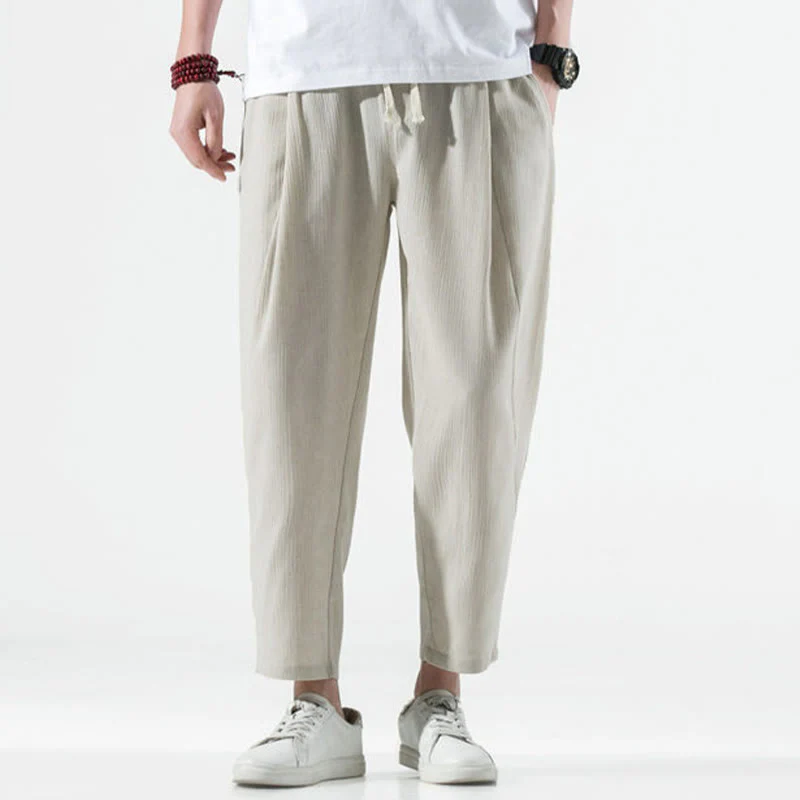 Buddha Stones Casual Plain Pleated Design Drawstring Men's Long Cotton Linen Harem Pants With Pockets
