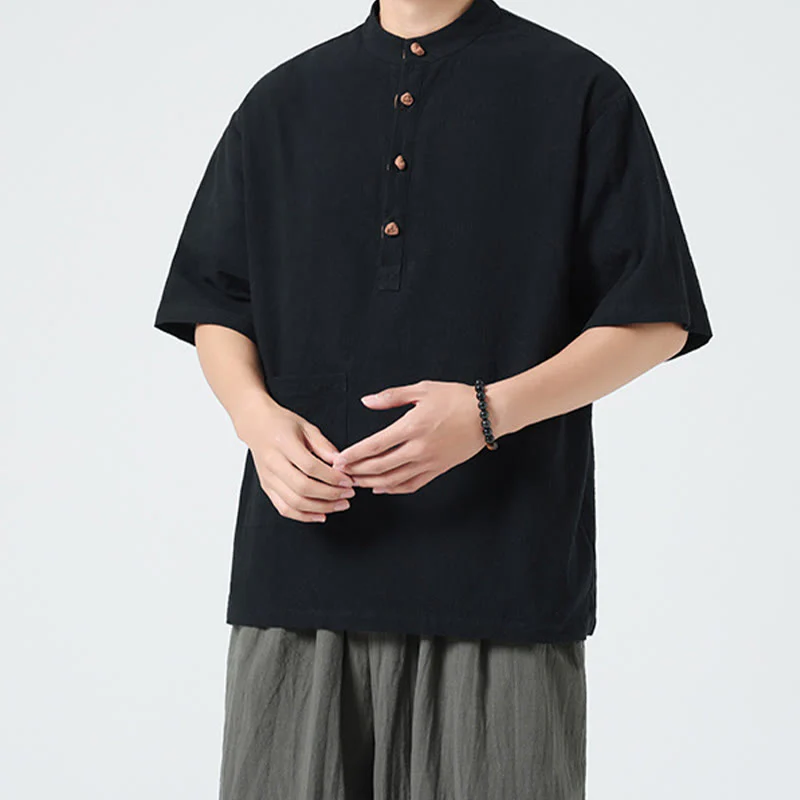 Buddha Stones Casual Half Frog-Button Design Stand Collar Tang Suit Men's Half Sleeve Cotton Shirt With Pocket