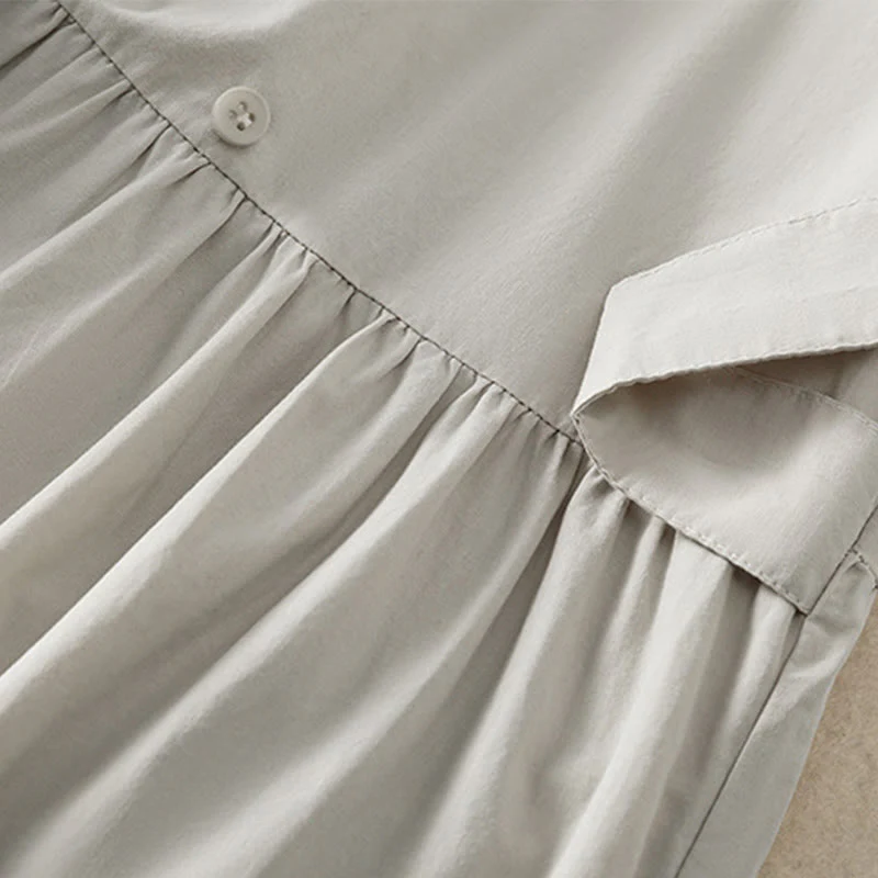 Buddha Stones Casual Plaid Pleats Buttons Design Long Sleeve Cotton Midi Dress With Pockets