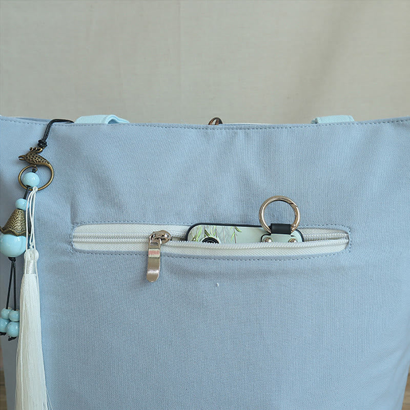 Buddha Stones Pear Flower Plum Peach Blossom Bamboo Embroidery Canvas Large Capacity Shoulder Bag Tote Bag