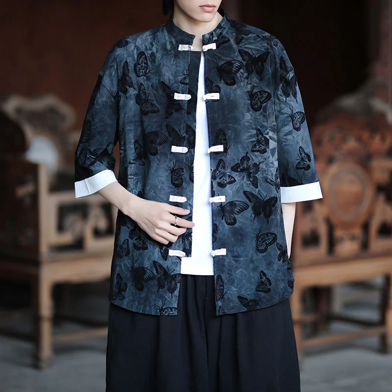 Buddha Stones Jacquard Butterfly Pattern White Frog-Button Design Stand Collar Men's Three Quarter Sleeve Cotton Shirt Cardigan
