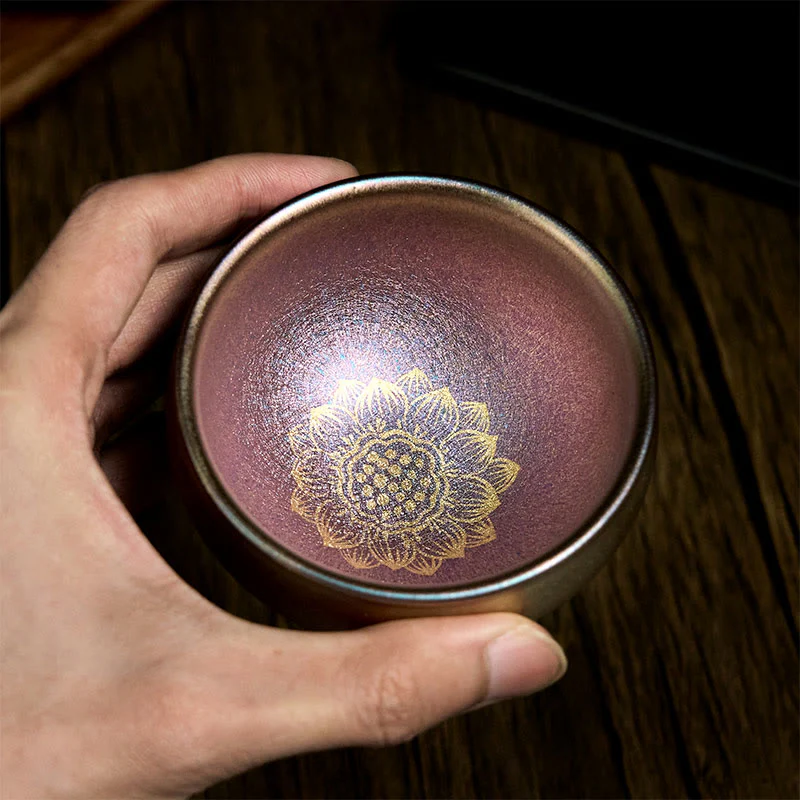 Buddha Stones Handmade Chinese Jianzhan Golden Lotus Flower Ceramic Teacup Kung Fu Tea Cup 150ml
