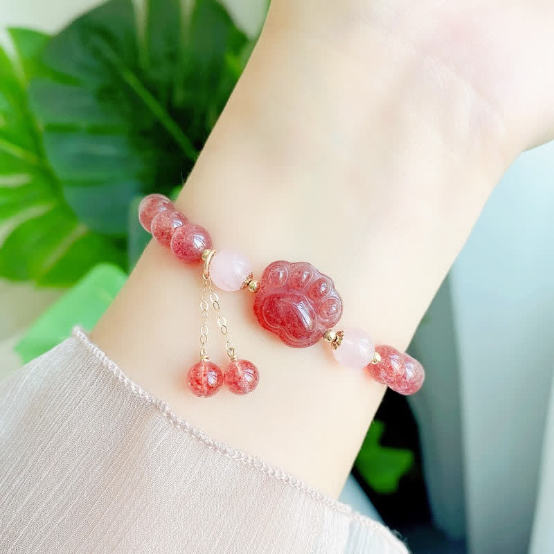 Buddha Stones Natural Strawberry Quartz Pink Crystal Lucky Cat Paw Love Bracelet
