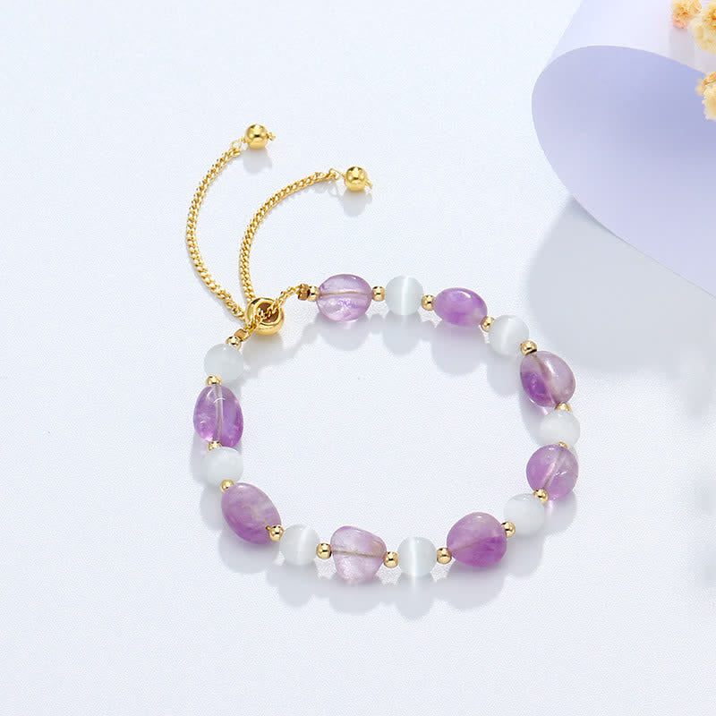 Buddha Stones Amethyst Pink Crystal Black Rutilated Quartz Spiritual Awareness Bracelet