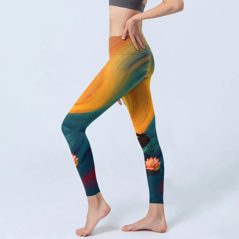Buddha Stones Meditating Figure Lotus Flower Print Gym Leggings Women's Yoga Pants