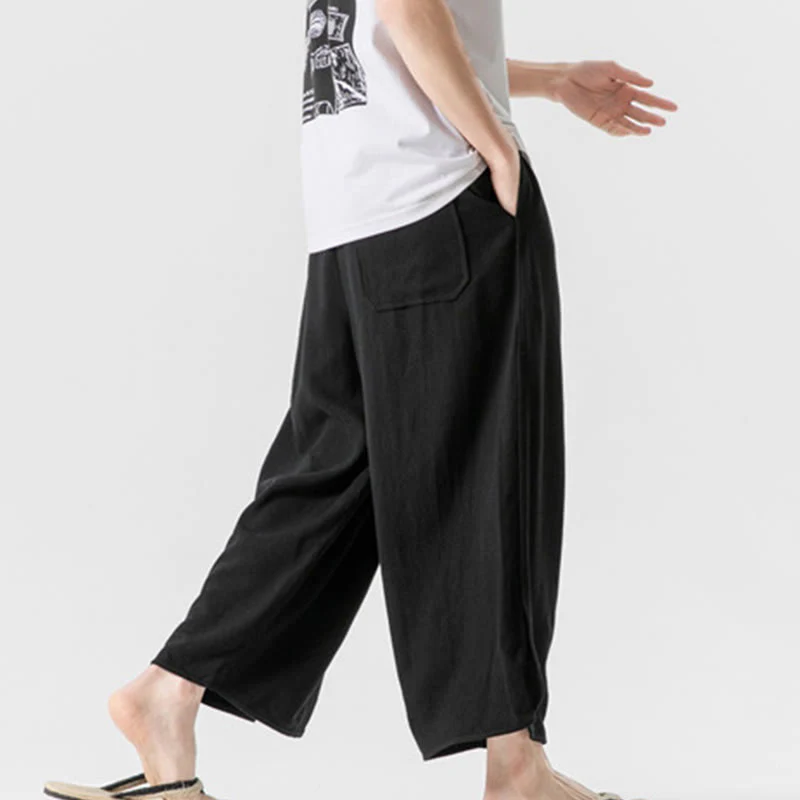 Buddha Stones Casual Loose Frog-Button Plain Men's Cotton Linen 7-8 Length Pants With Pockets