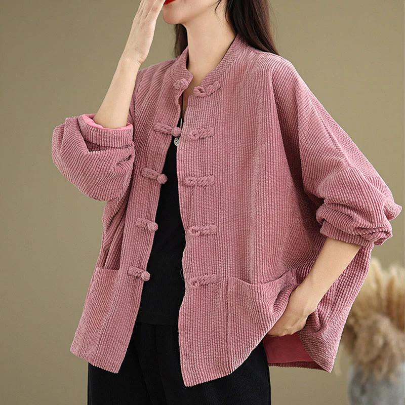 Buddha Stones Frog-button Stand Collar Women's Cotton Linen Corduroy Jacket