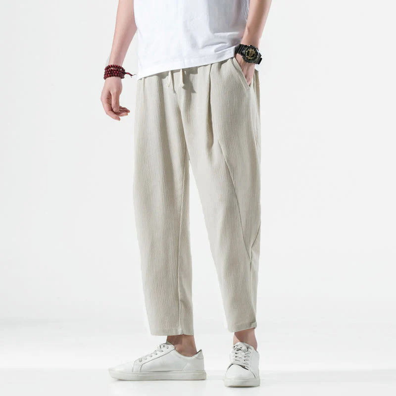 Buddha Stones Casual Plain Pleated Design Drawstring Men's Long Cotton Linen Harem Pants With Pockets