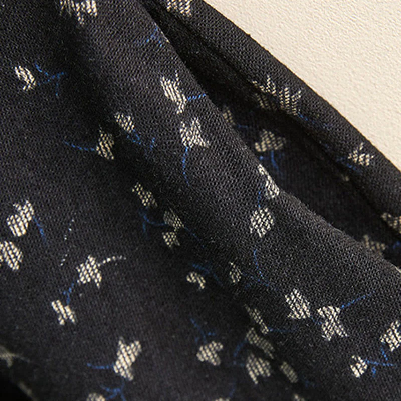 Buddha Stones Fall Printing Floral Buttons Lace Lapel Design Cotton Linen Midi Dress With Pockets