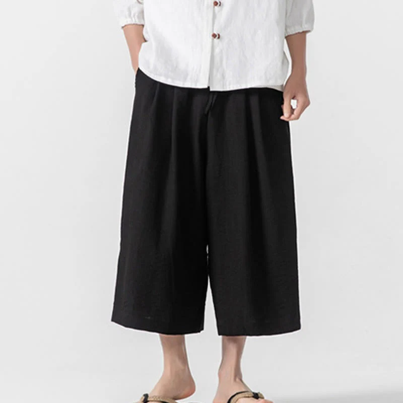 Buddha Stones Casual Loose Frog-Button Plain Men's Cotton 7-8 Length Wide Leg Pants With Pockets