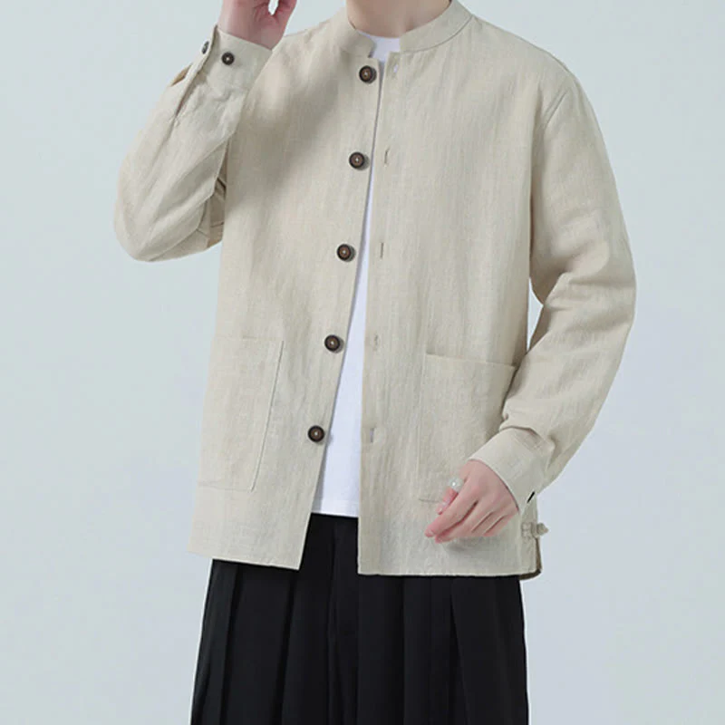 Buddha Stones Men's Button Ramie Linen Cotton Fleece Lined Jacket Shirt With Pockets