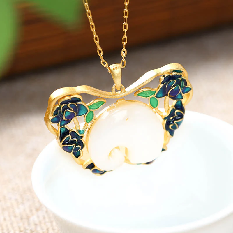 Buddha Stones White Jade Elephant Butterfly Lotus Success Necklace Chain Pendant