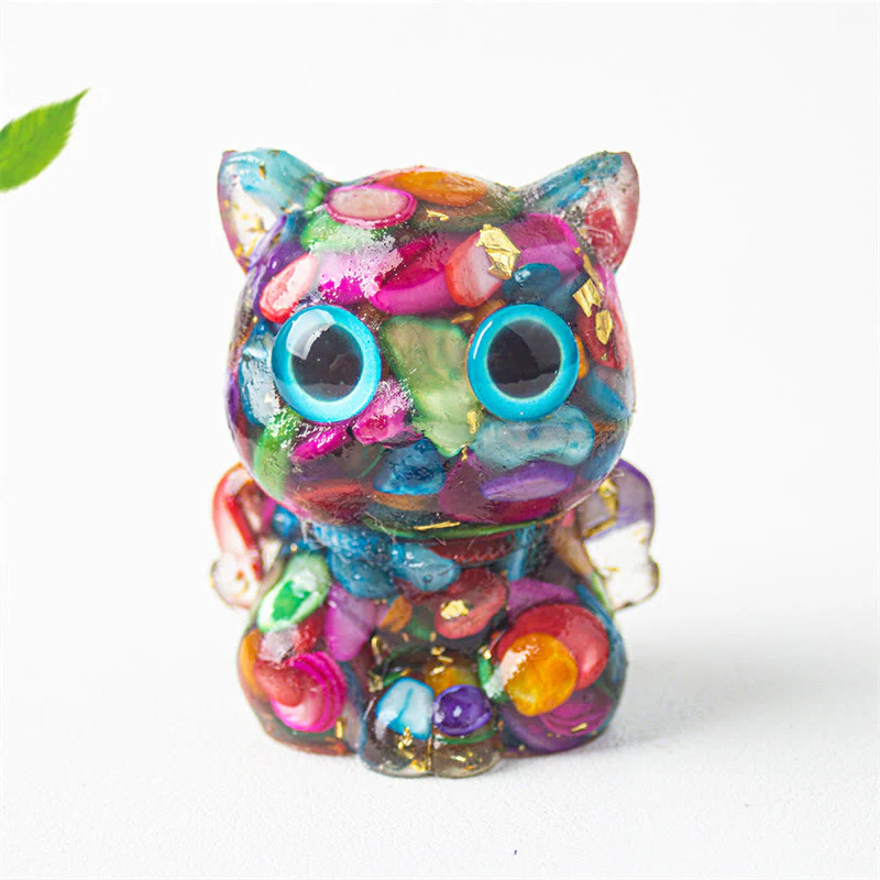 Buddha Stones Cute Cat Lazurite Amethyst Black Obsidian Aquamarine Crystal Resin Positive Home Decoration