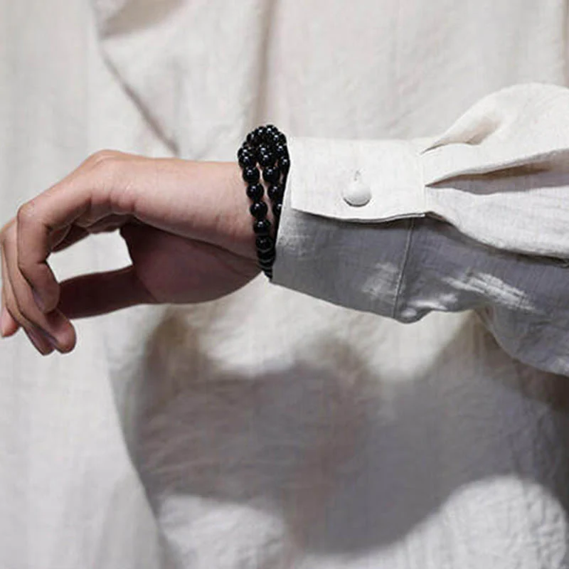 Buddha Stones Spring Solid Color Pleated Stand Collar Design Tang Suit Men's Long Sleeve Linen Shirt