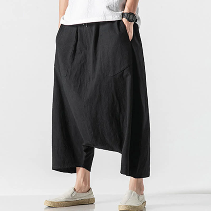 Buddha Stones Casual Low Crotch Design Drawstring Men's 7-8 Length Cotton Linen Wide Leg Pants With Pockets