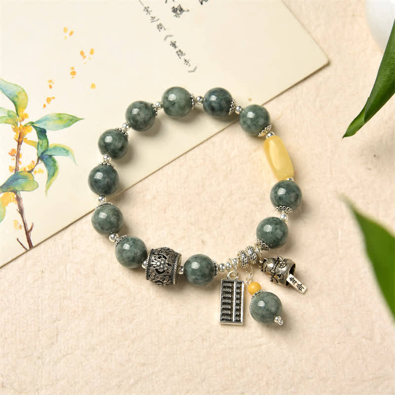 Buddha Stones 925 Sterling Silver Cyan Jade Amber Abacus Lucky Cat Success Bracelet